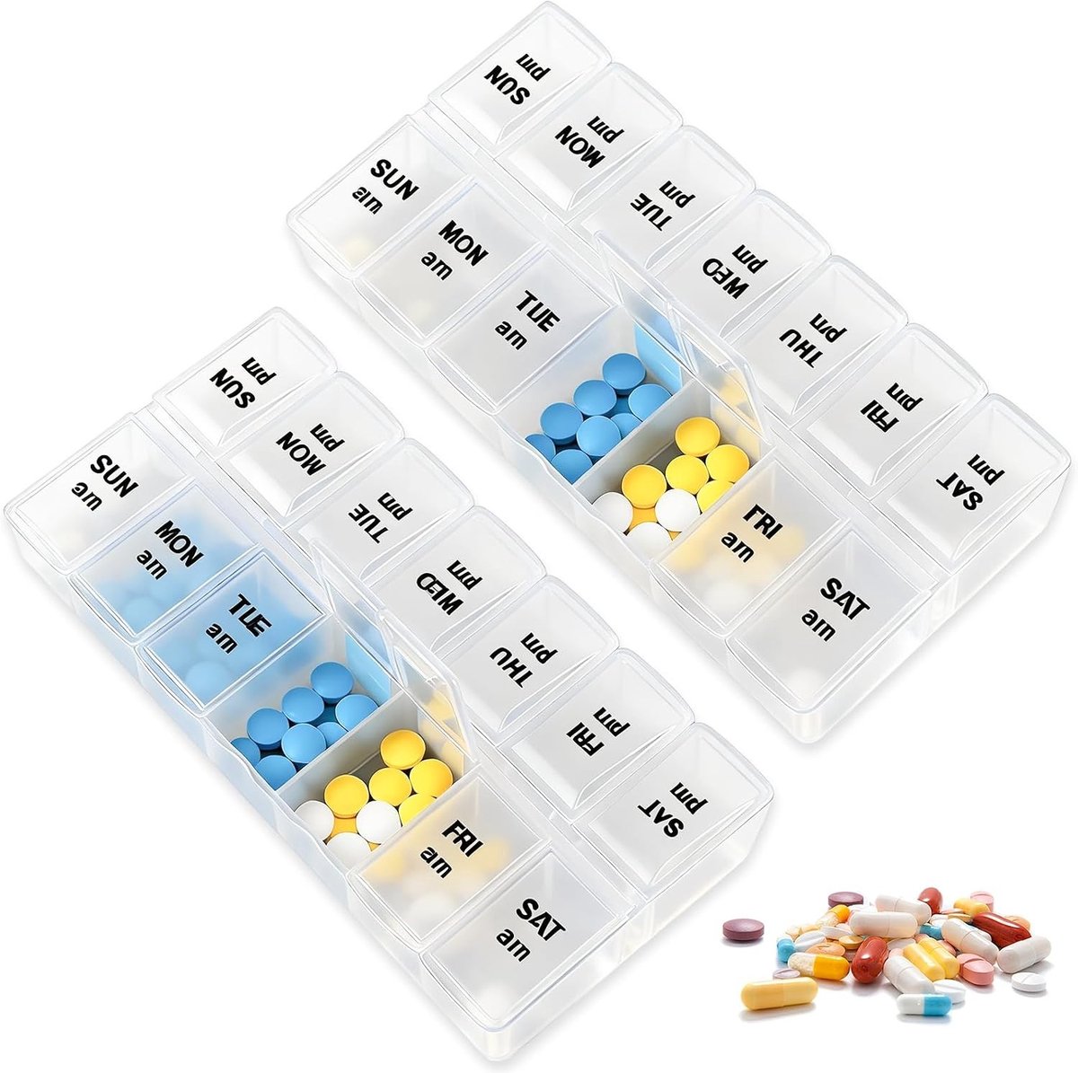 Grote pillendoos voor 7 dagen met 2 onafhankelijke vakken - transparante medicijnbox voor tabletten, vitamines en visolie