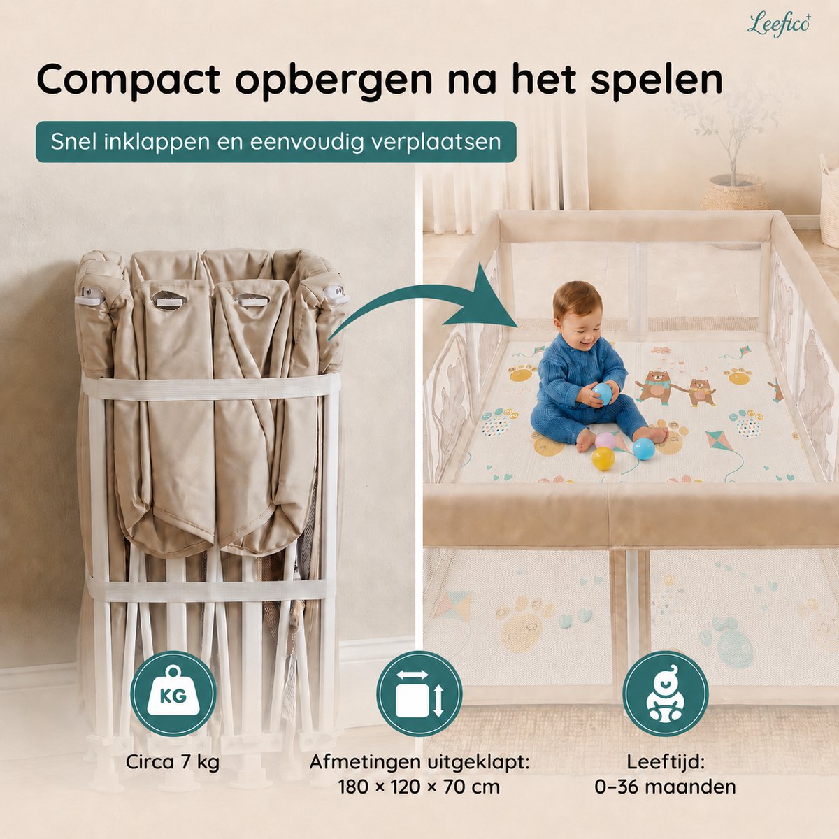 Leefico Grondbox Baby 180x120 cm - Zeer snel inklapbaar - Opvouwbare Baby Box met Speelmat - Speelbox - Kinderbox - Playpen Baby - Beer Patroon Beige – foto 3