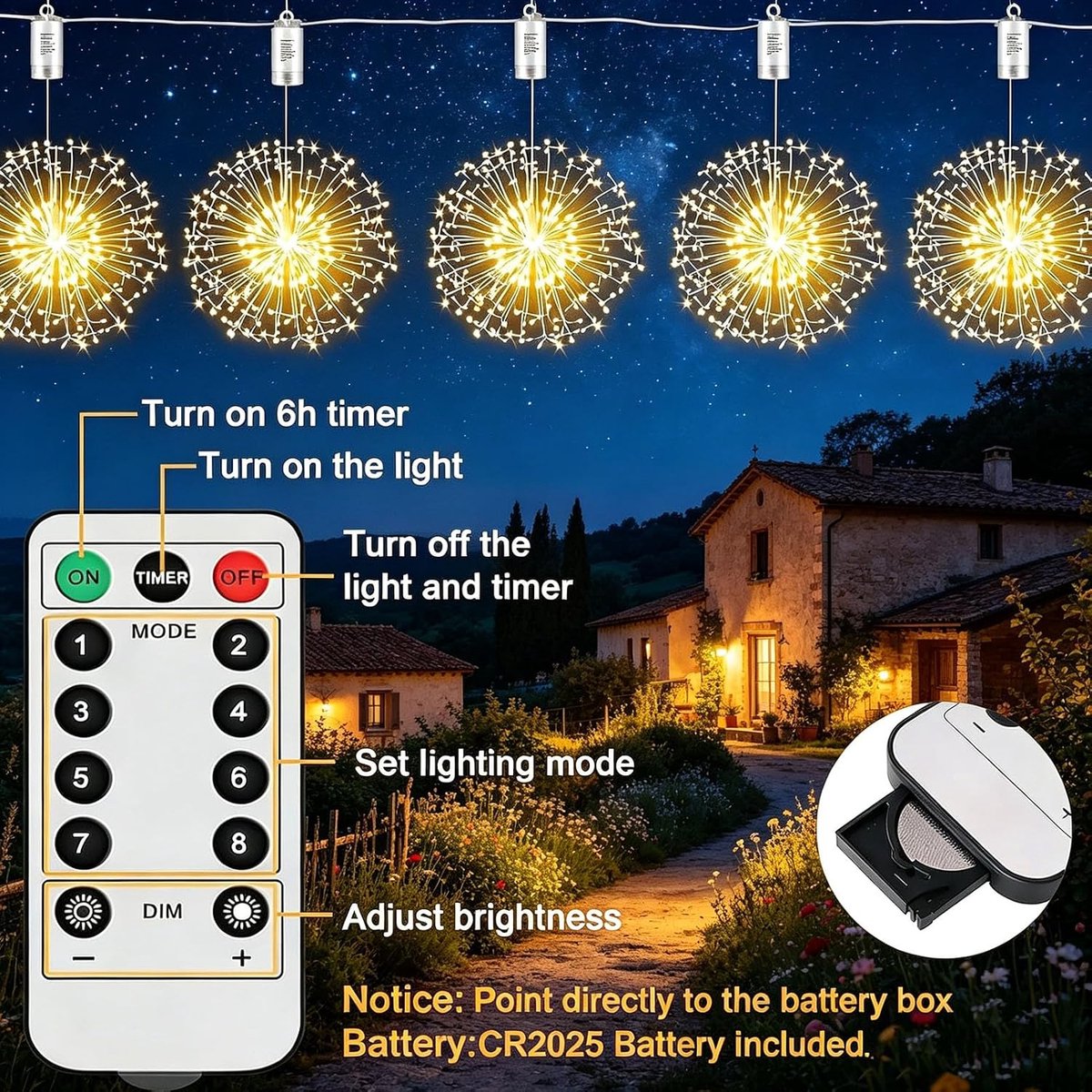 2 Stuks Vuurwerkverlichting - Kerst Led Hangdecoratie - Buitenverlichting Decoratieve - 200 Lampen - 8 Modi - Met Afstandsbediening - Waterbestendig - Voor Tuinhuisje, Boom, Binnen- en Buitendecoraties – foto 5