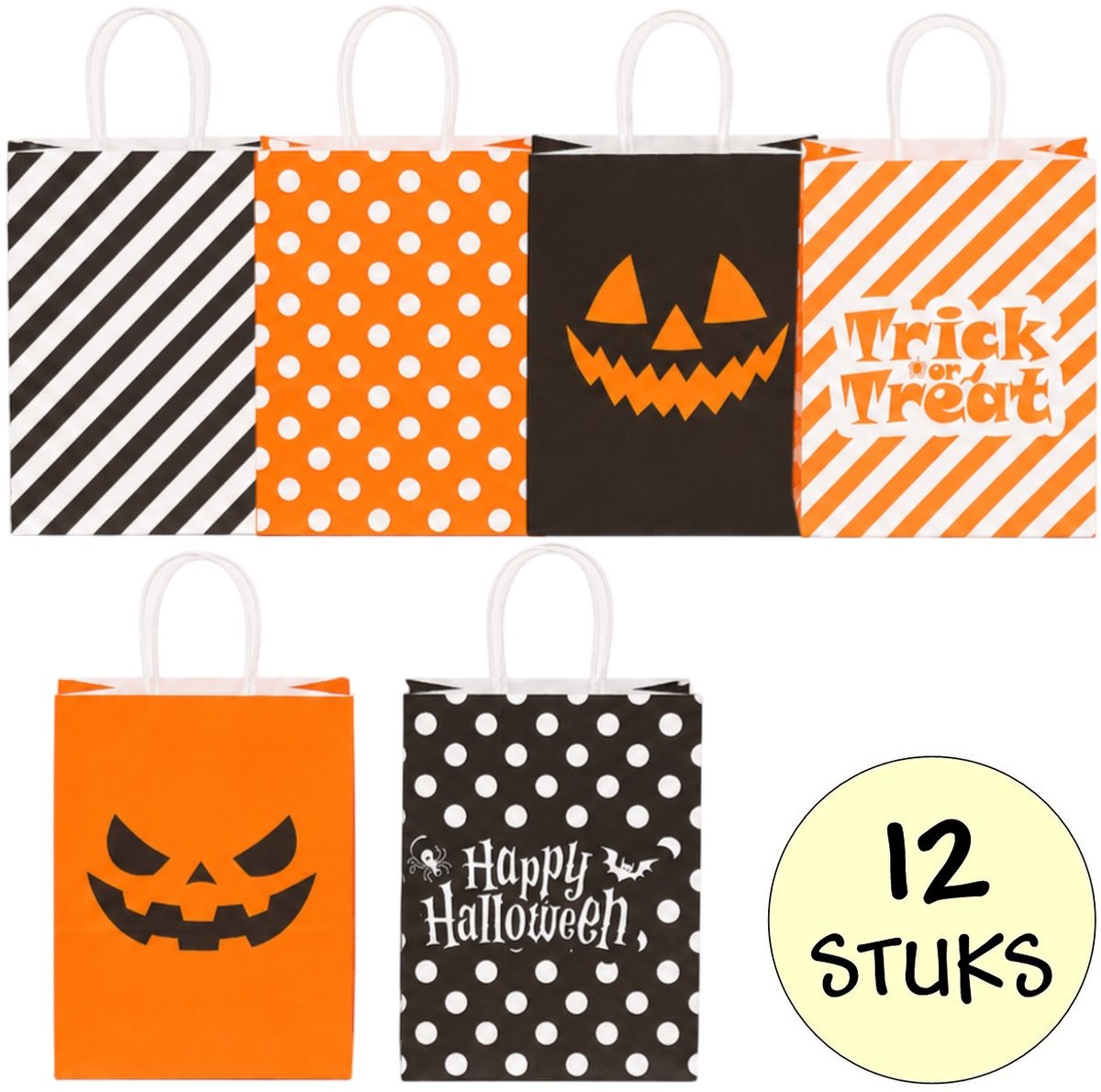 12x Papieren Uitdeeltasjes Halloween - 15x8x21cm - Stevig Papier - Traktatie Zakjes - Papieren Tasjes - Cadeau Zakjes - Uitdeelzakjes - 6 Verschillende Motieven - Kraftpapier - 12 Stuks
