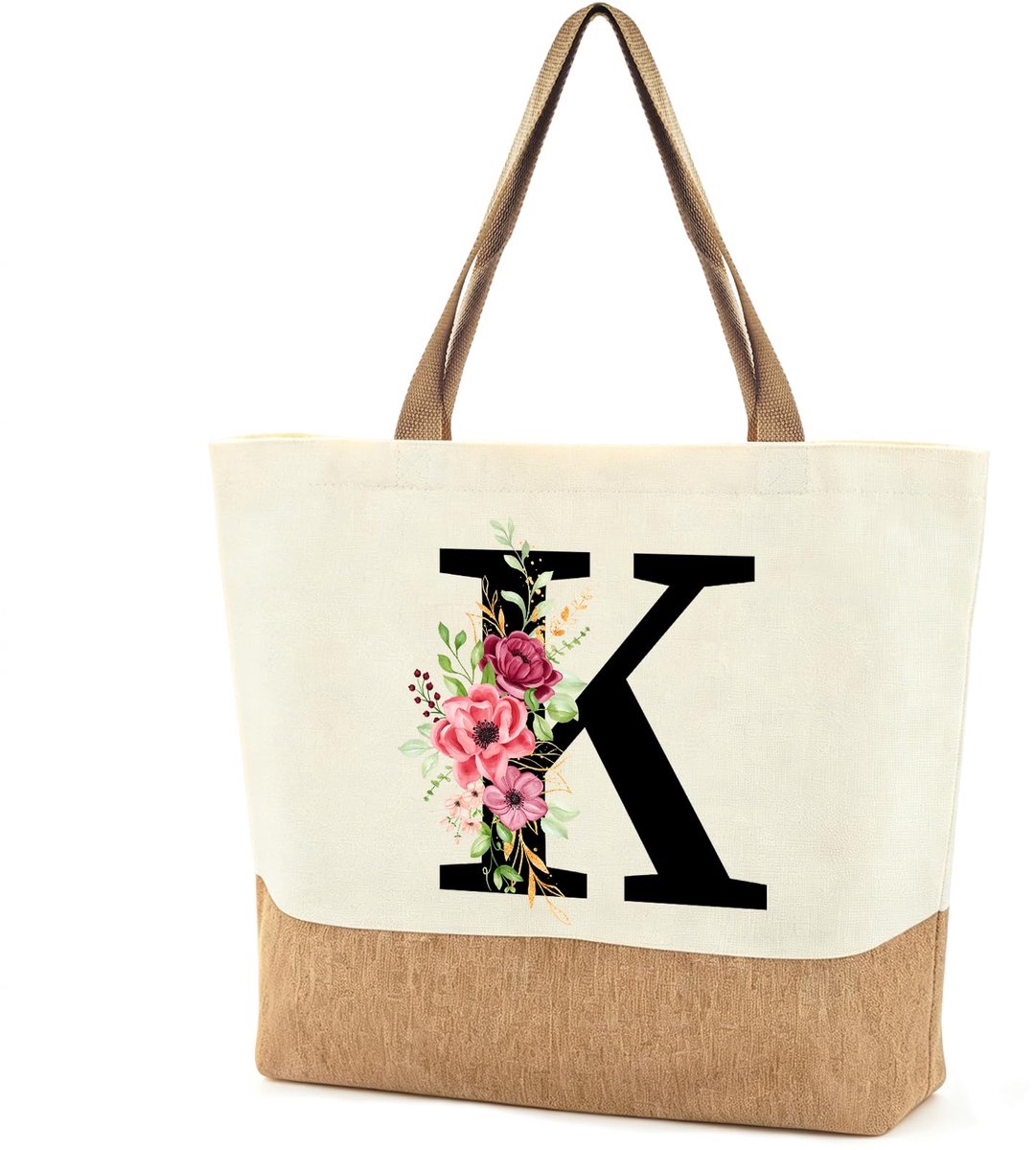 Gepersonaliseerde jute tas voor dames, grote strandtas met letter en bloemen, jute shopper bag dames, stoffen tas - ShopVlot