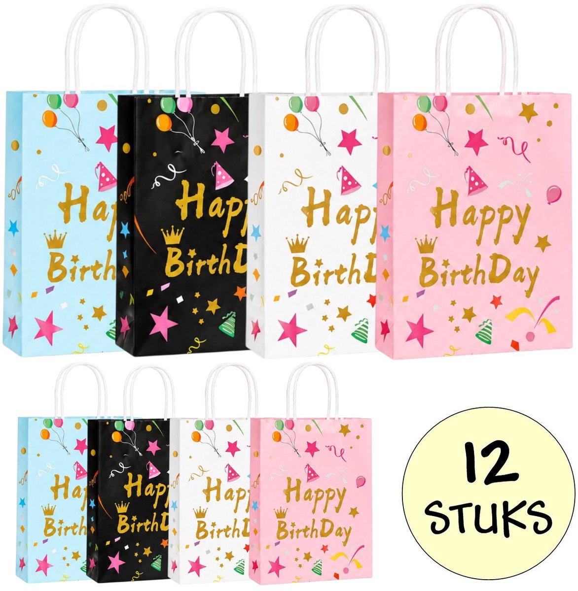 12x Papieren Uitdeeltasjes Happy Birthday Mix - 15x8x21cm - Stevig Papier - Traktatie Zakjes - Papieren Tasjes - Cadeau Zakjes - Uitdeelzakjes - 4 Verjaardag Prints - Kraftpapier - 12 Stuks