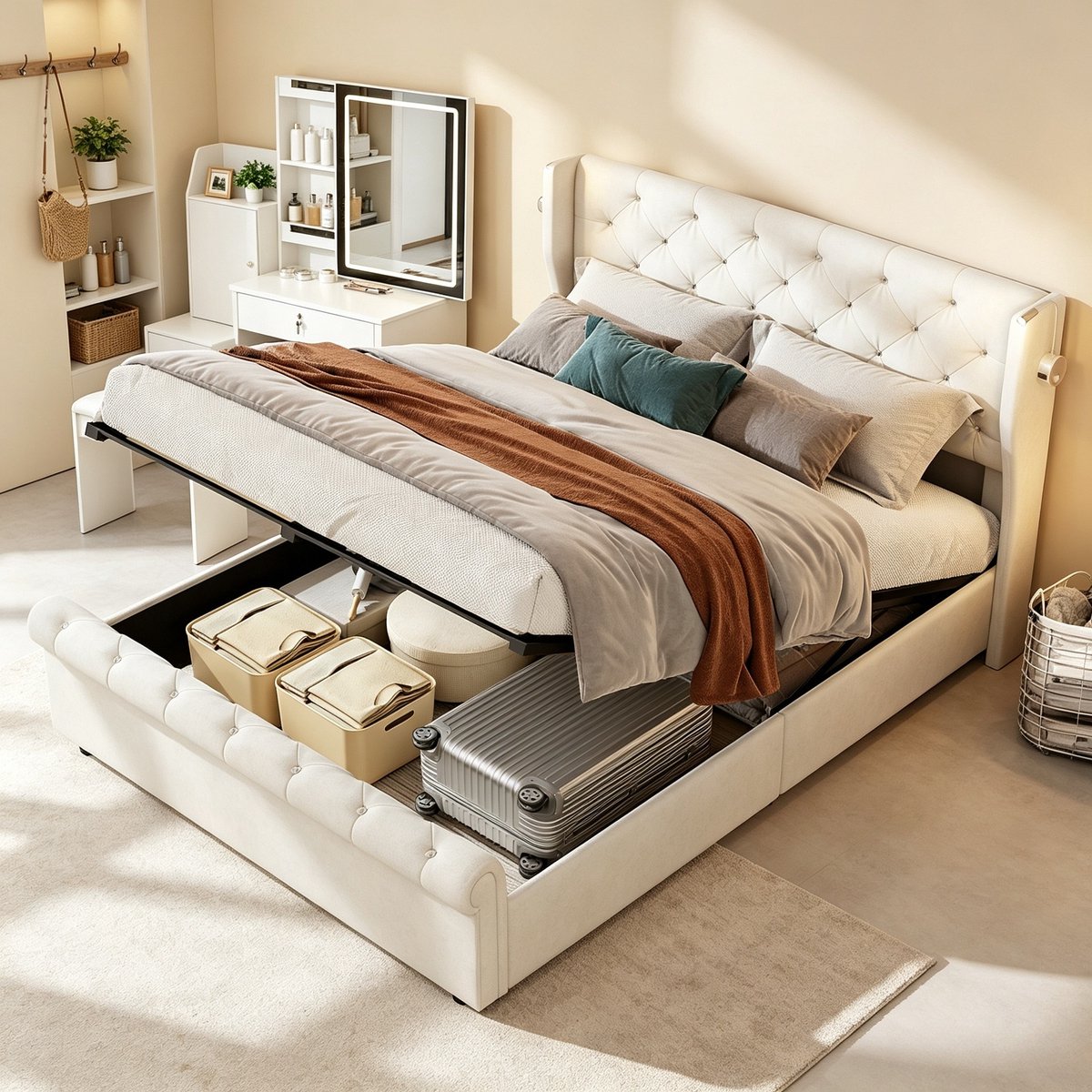 ROSAHQNDA Tweepersoonsbed 160x200 cm, volwassen bed met LED-hoofdbord en hydraulische opbergruimte, gestoffeerd bed, fluweel, beige, zonder matras