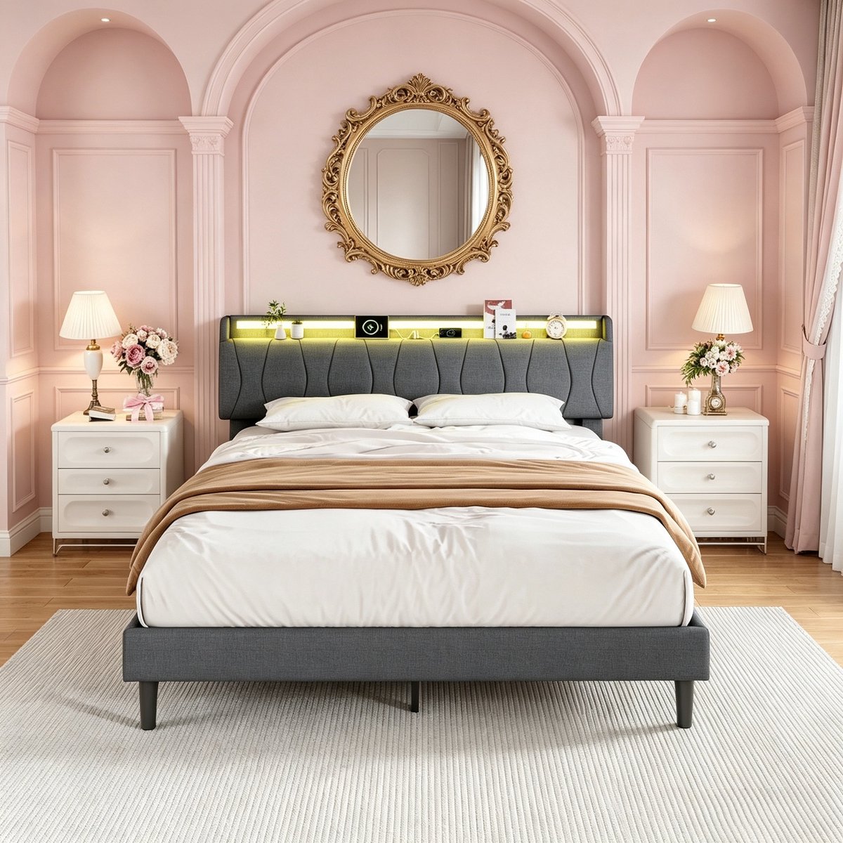 ROSAHQNDA Tweepersoonsbed 140x200 cm, gestoffeerd bed met LED-hoofdbord en lattenbodem, linnen, grijs, zonder matras