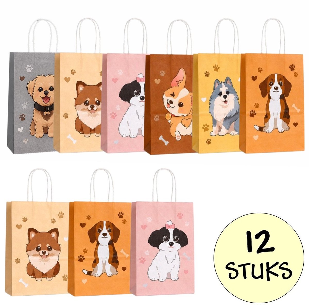 12x Papieren Uitdeeltasjes Honden - 15x8x21cm - Stevig Papier - Traktatie Zakjes - Papieren Tasjes - Cadeau Zakjes - Uitdeelzakjes - 6 Verschillende Hondjes - Kraftpapier - 12 Stuks