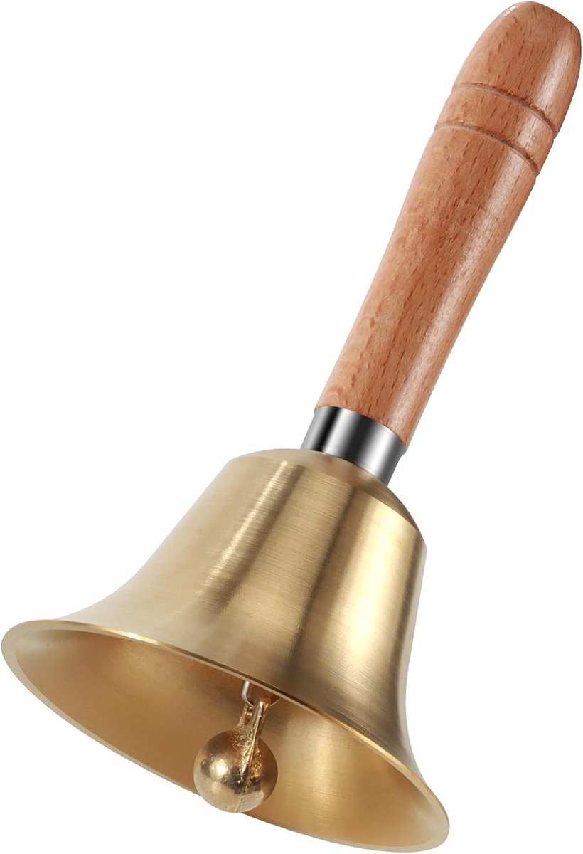 Robuuste en duurzame handbel van massief messing met houten handvat, luid en opvallend geluid