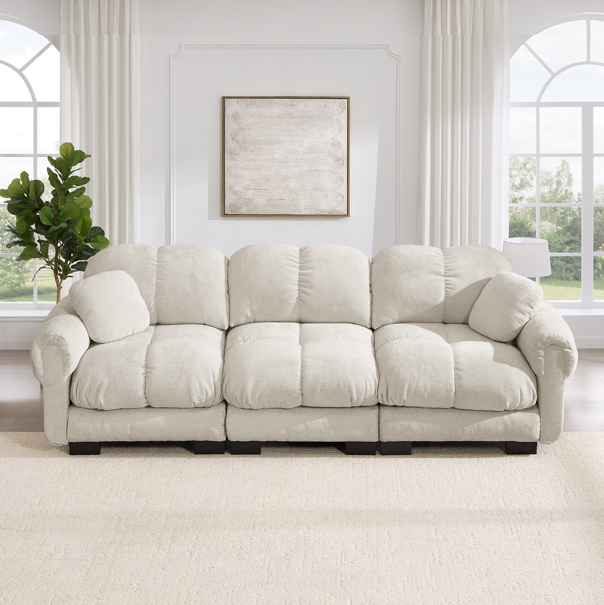 Wishdor 3-zits bank - Gestikt design - 2 sierkussens - Modulair - Gebogen rugleuning en armleuningen - Designstijl - Woonkamer - Chenille - Licht kaki - 260 x 86 x 90 cm