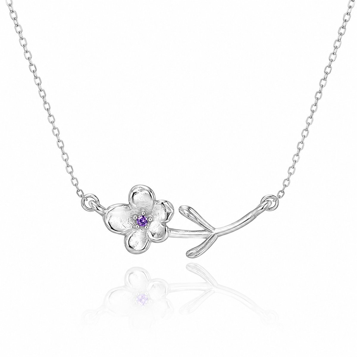 Maevi® Ketting met Geboortebloem & Geboortesteen - Kleur: Zilver - Maand: Februari - Roestvrijstaal / RVS / Stainless Steel - Hoge Kwaliteit - Verkleurt niet - Incl. Luxe Verpakking - Cadeau Dames / Moeder / Mama - Kraamcadeau / Geboortecadeau