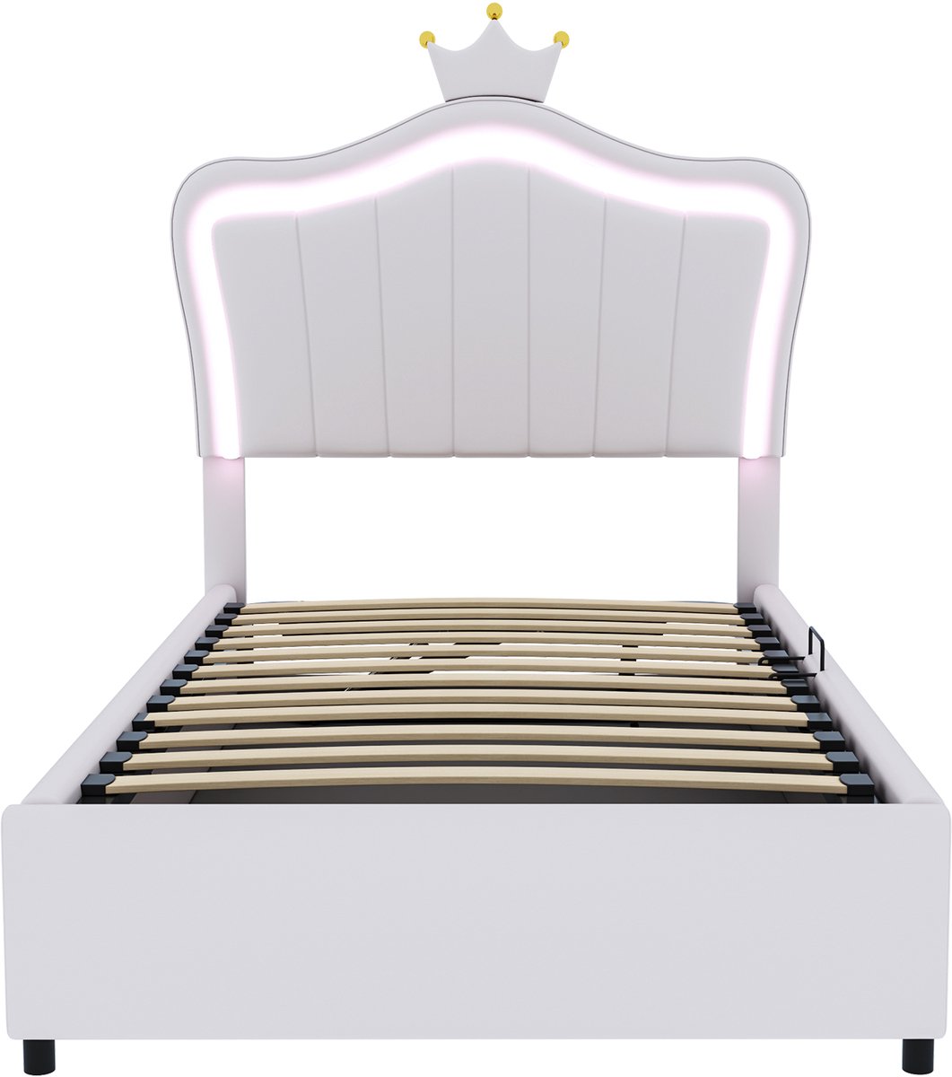 WUVRIE Gestoffeerd eenpersoonsbed 90x200 cm met LED, opbergruimte en kroonvormig hoofdbord, wit/roze