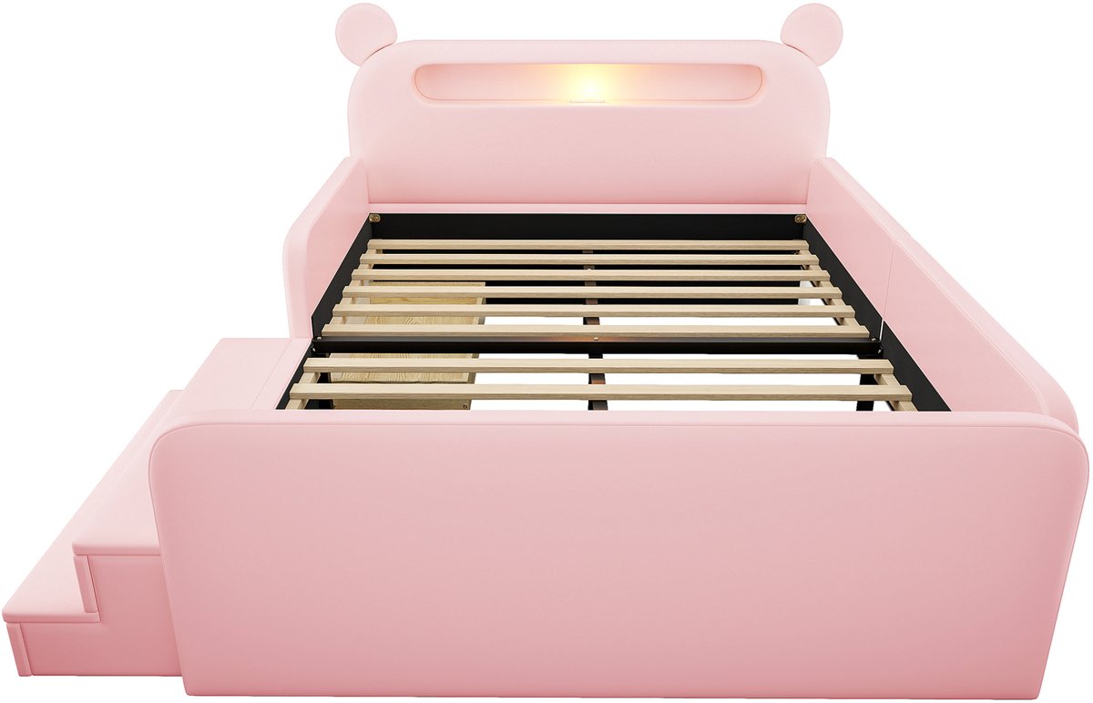 REDOM - Kinderbed - Berenkopteil met geïntegreerde verlichting en USB-laadpoort - Met opbergruimte en uitvalbeveiliging - Kunstleer - Roze - 140 x 200 cm