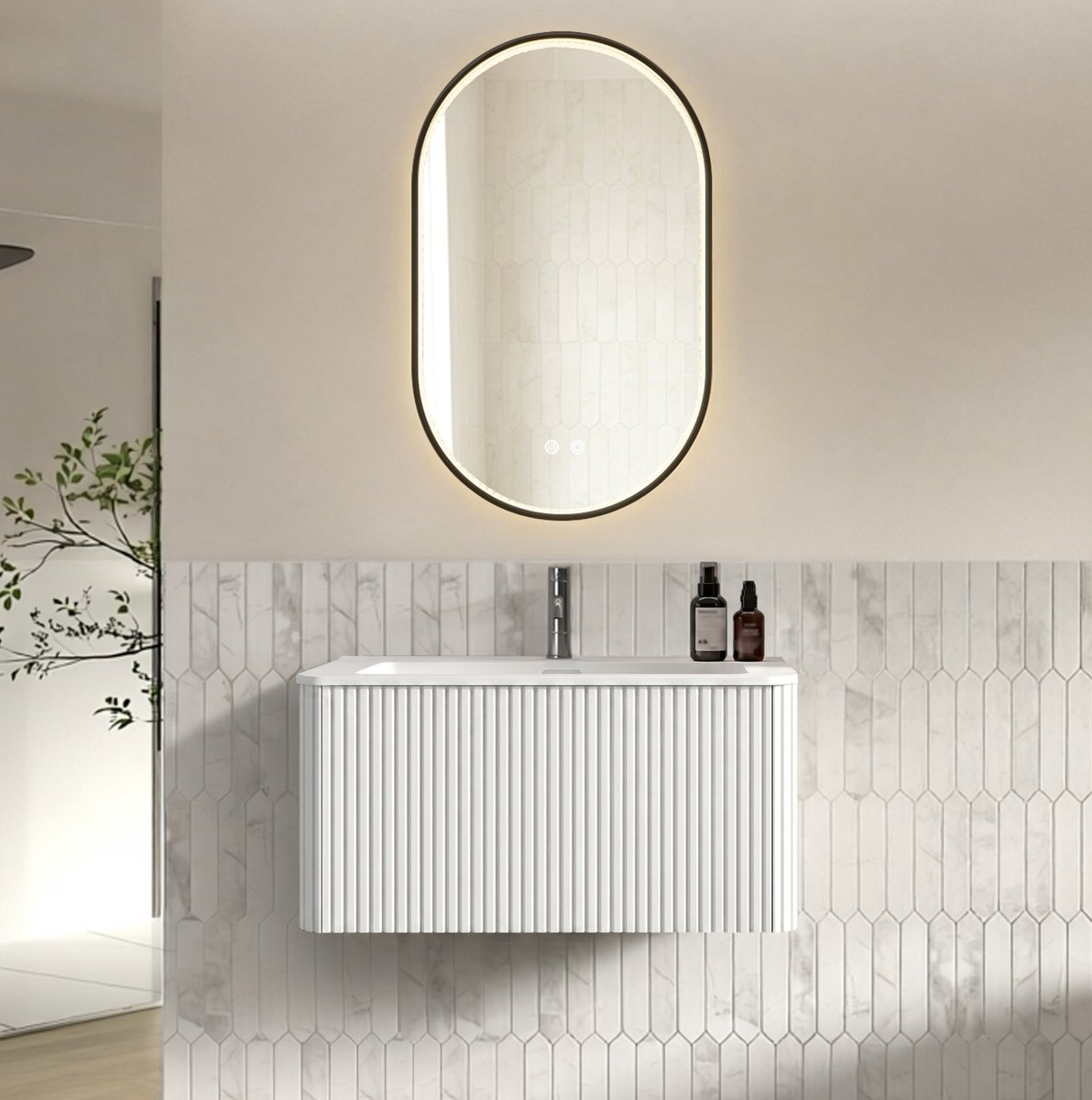 MIVRAY Badmeubelset Met Spiegel - Wandmontage Met Ledverlichting En Anti Condens - Modern Voor Badkamer - Wit - 80 Cm
