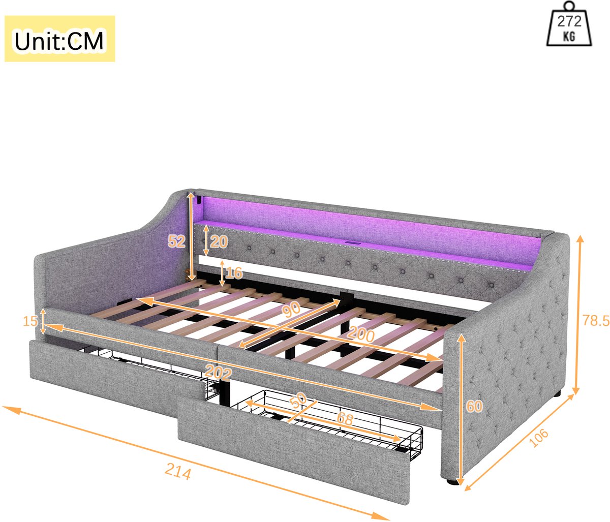 WUVRIE Bedbank 90x200 cm met lattenbodem, 2 lades, USB-aansluiting en LED-verlichting, grijs