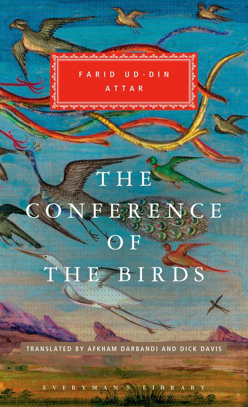 Boekhoes 'The Conference of the Birds' door Farid Ud-Din Attar met een illustratie van vogels in vlucht, waaronder pauwen, met de titel in het midden.