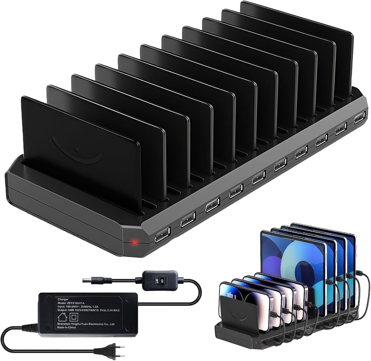 Multi-Device USB Oplaadstation met 10 Poorten, Verstelbare Scheidingswanden en 1.5m Voedingskabel, Geschikt voor Tablets en Smartphones, Ideaal voor Thuis en Kantoor