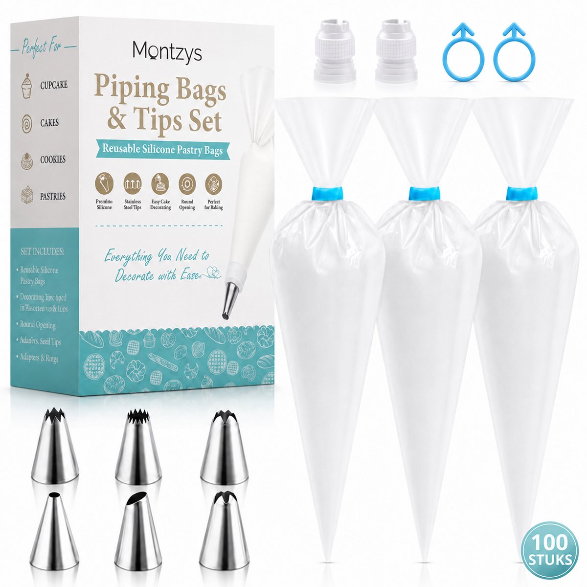 Montzys® Spuitzakken Set 110-Delig - 100 Wegwerp Zakken & 6 Spuitmondjes - Garneerspuit om te Decoreren, Opvullen & Versieren