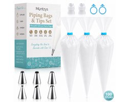 Montzys® Spuitzakken Set 110-Delig - 100 Wegwerp Zakken & 6 Spuitmondjes - Garneerspuit om te Decoreren, Opvullen & Versieren