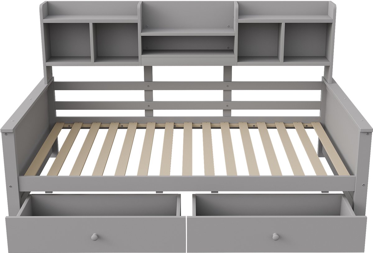 WUVRIE Slaapbank 90x200 cm met 2 lades en zijvakken, houten bed voor kinder- of jeugdkamer