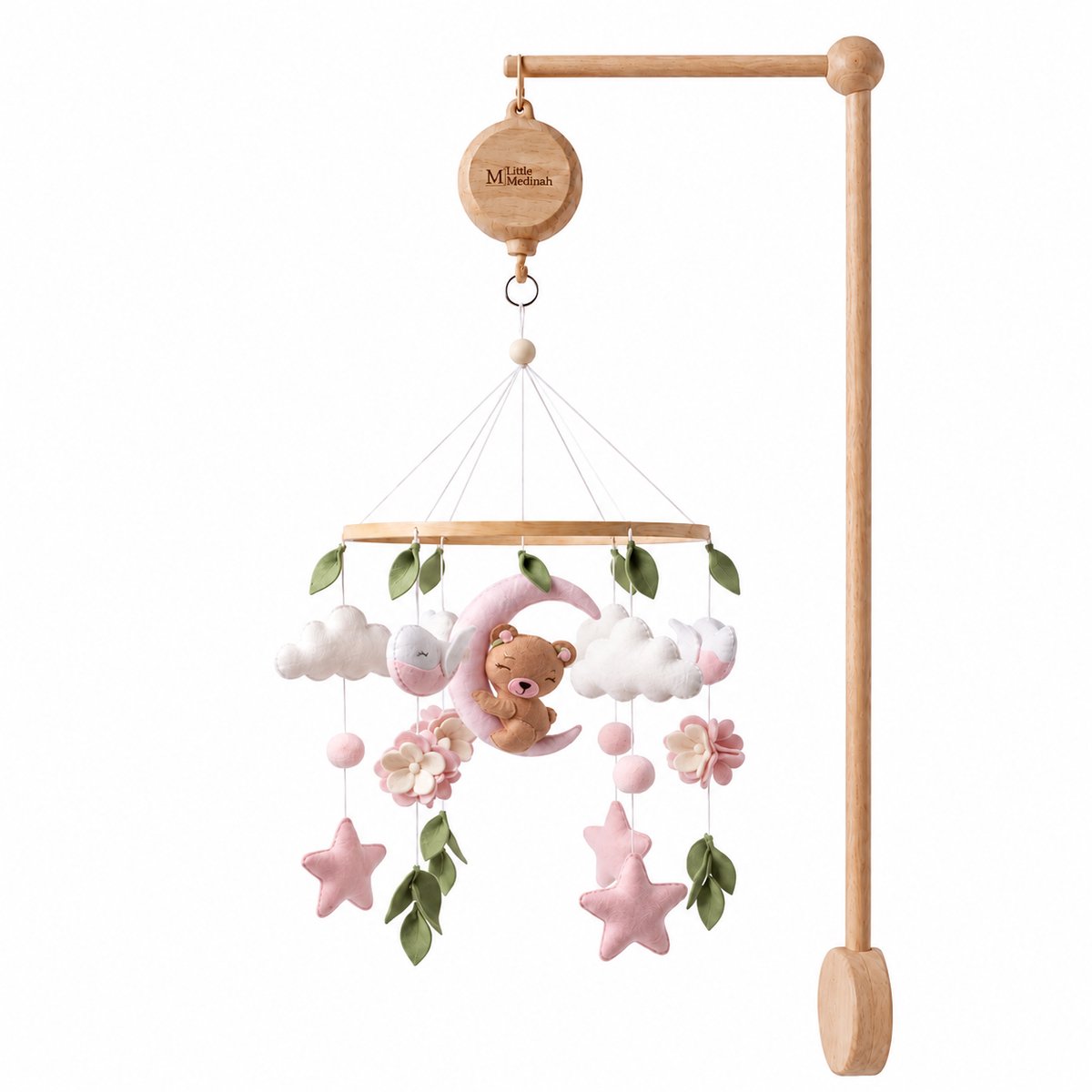 Little Medinah Little Pinky Bear – Elektrische muziekmobiel baby – Complete set met beukenhouten houder - Kraamkado – Roze