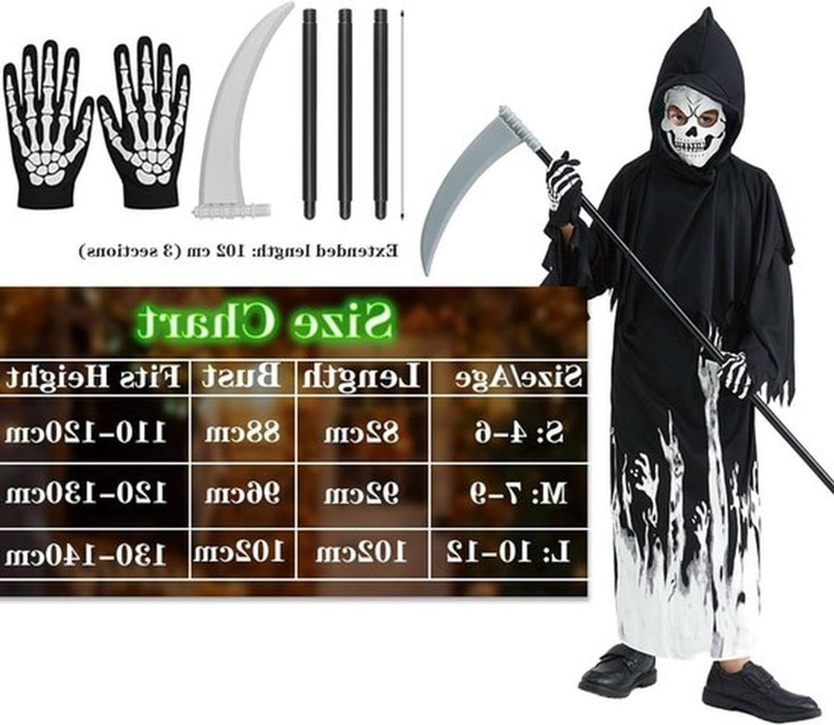 Lichtgevend Grim Reaper Kostuum voor Kinderen, Enge Halloween-outfit voor Jongens en Meisjes, Griezelige Verkleedset voor Carnaval en Feestdagen