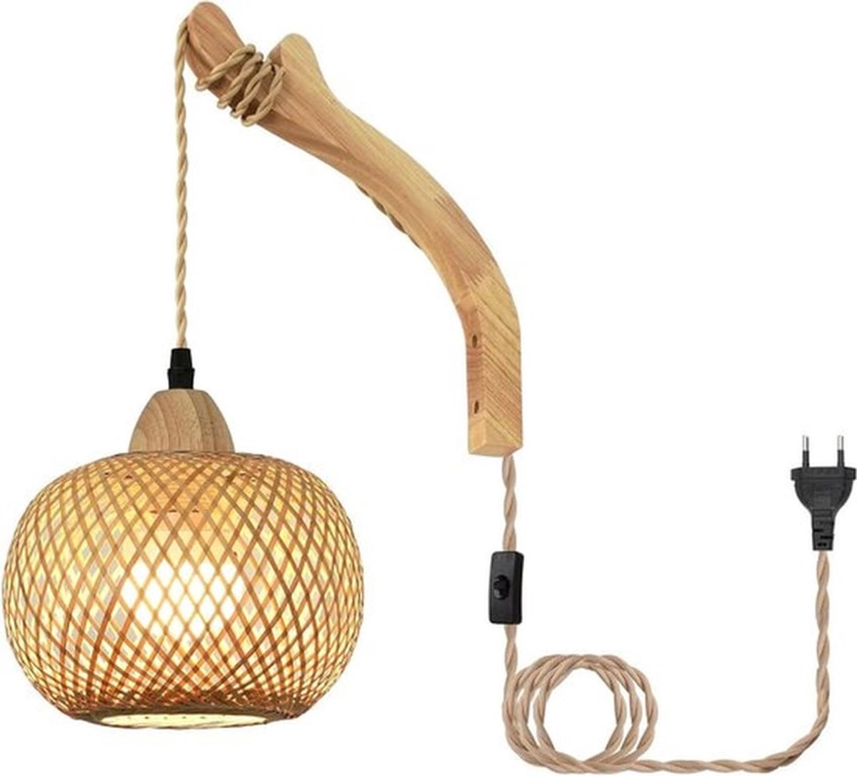 Houten wandlamp met schakelaar en stekker - Boho lampenkap rotan - 300 cm kabel E27 - slaapkamer woonkamer hal (zonder gloeilamp)
