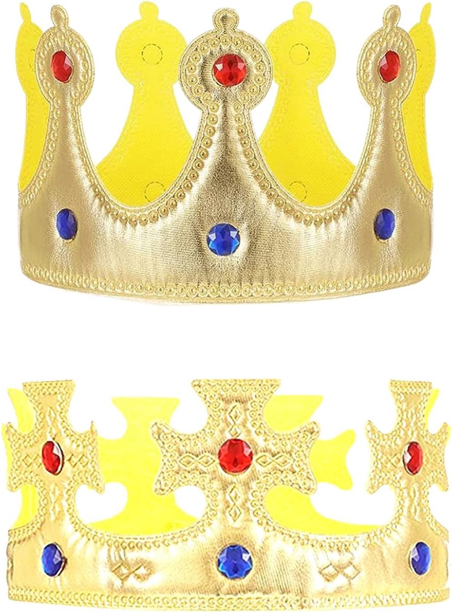 2 Stuks Gouden Koninklijke Kroon Hoed voor Verjaardagsfeest - Tiara en Hoofddeksel voor Volwassenen, Royal Kostuumaccessoires en Feestdecoratie