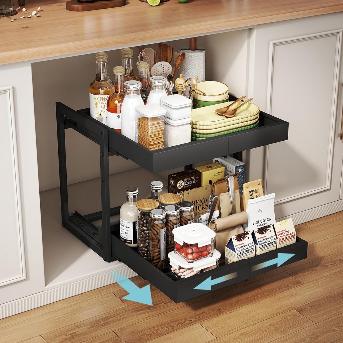 BOTC Uittrekbare Keukenkast Organizer - Verstelbare Kastlade 32-52 cm - Zonder Boren - Draagvermogen 25 kg - Voor Keukenkast & Voorraadkast - Zwart