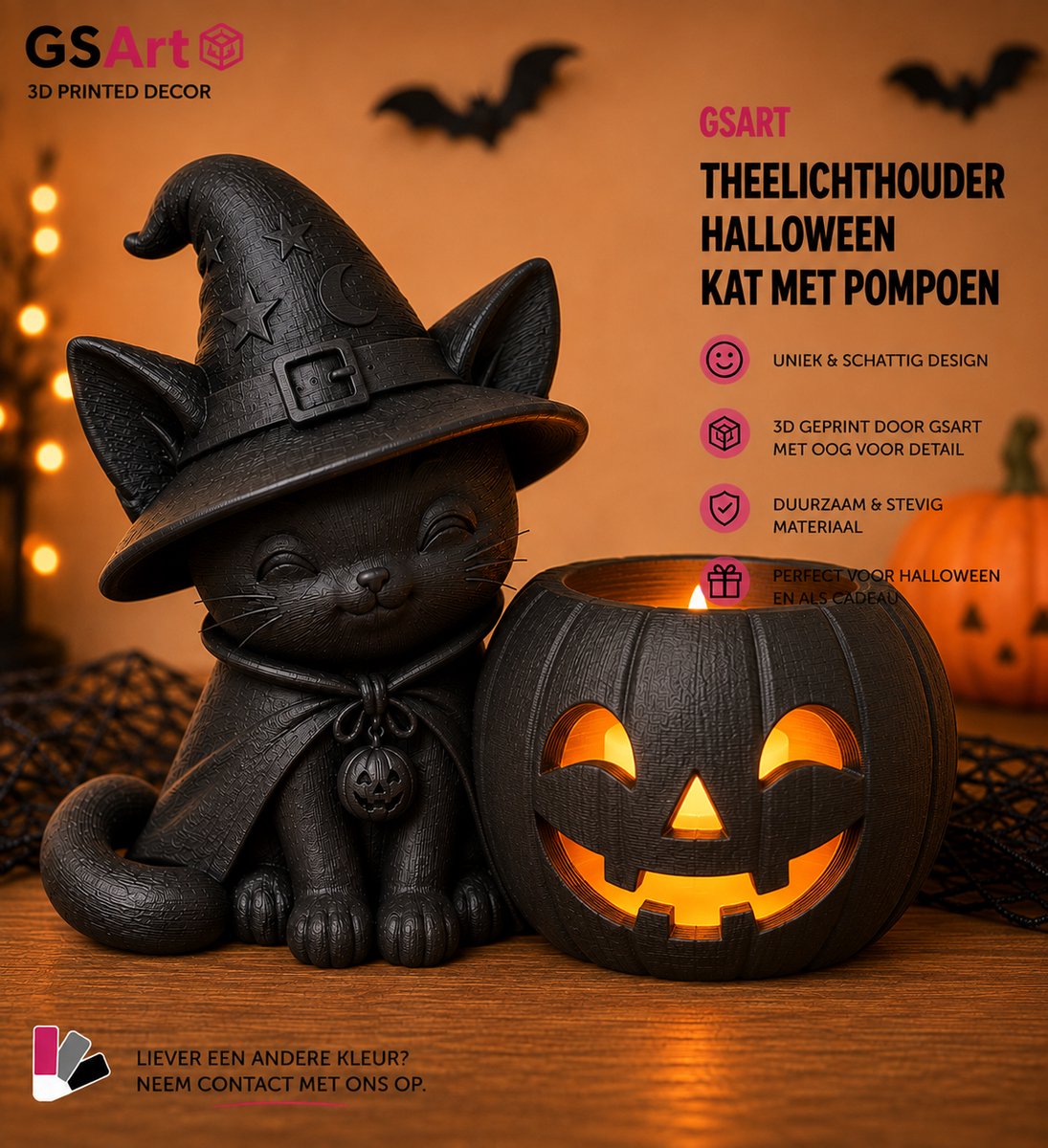 GSArt Theelichthouder Halloween Katje met Pompoen – 3D Geprint – Inclusief LED Theelichtje