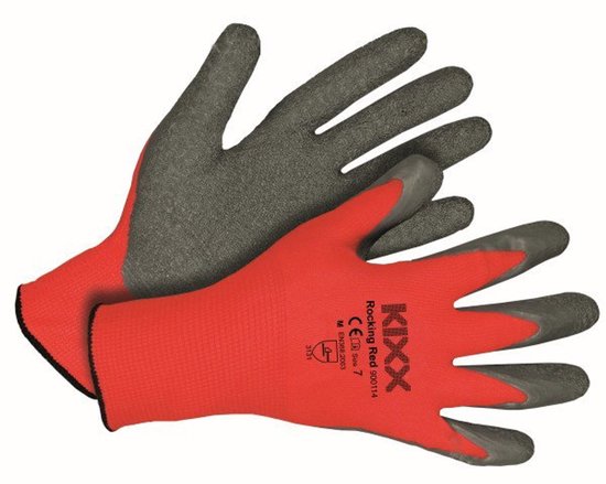 Kixx tuinhandschoenen in rood met grijze grip op de vingers en handpalm. Maat 7.