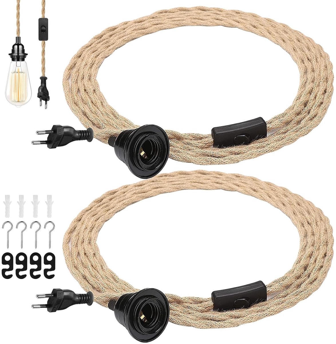 Vintage Hanglamp Set met E27 Fitting, Jute Touw en Koperdraad - DIY Pendelverlichting met 4.5M Kabel voor Thuisdecoratie
