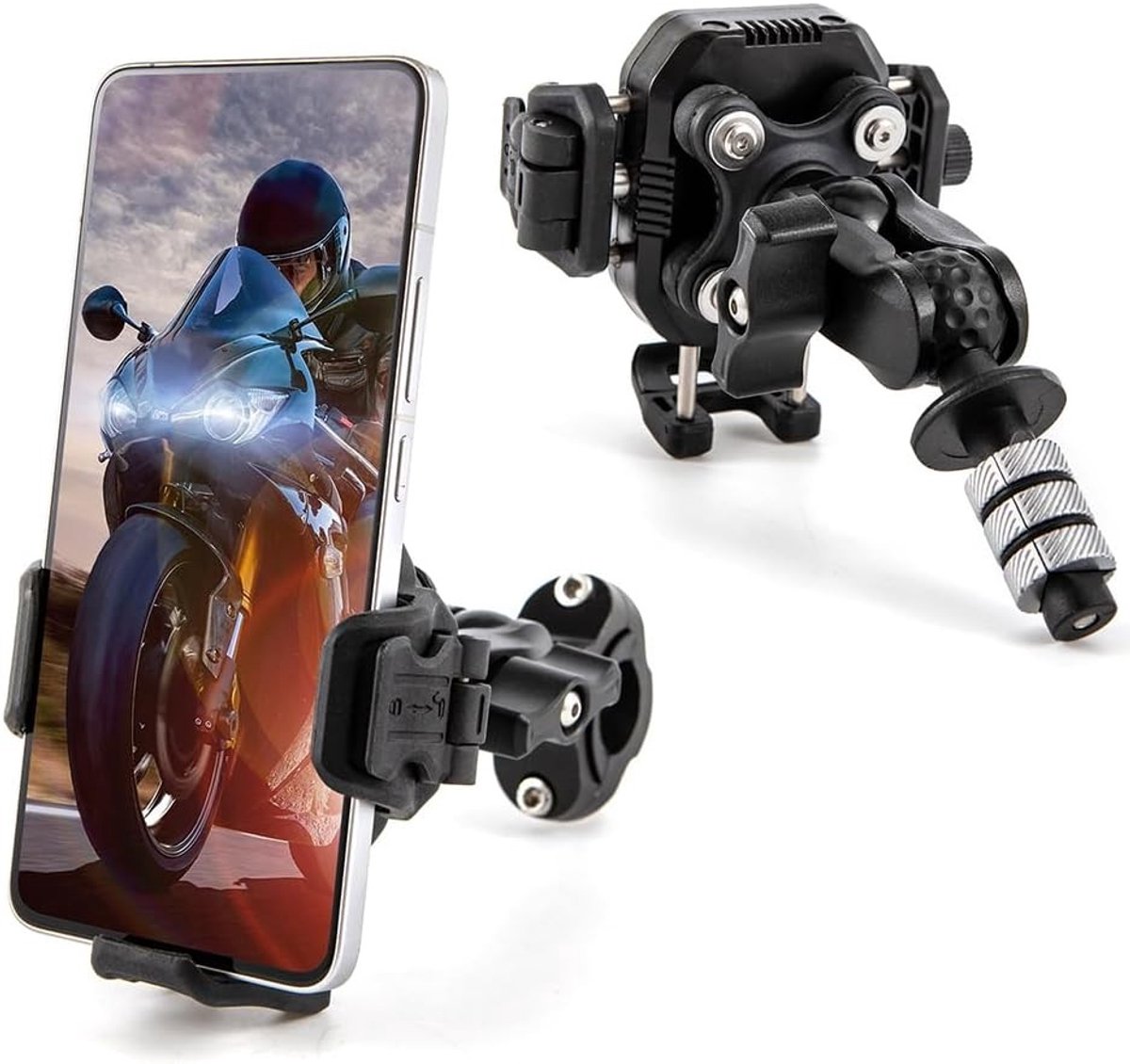 Motorfiets Telefoonhouder met Uitlaat, Universele Handlebar Bevestiging voor 4.7-7.2 Inch Smartphones, Geschikt voor Motoren en Fietsen met Spiegels