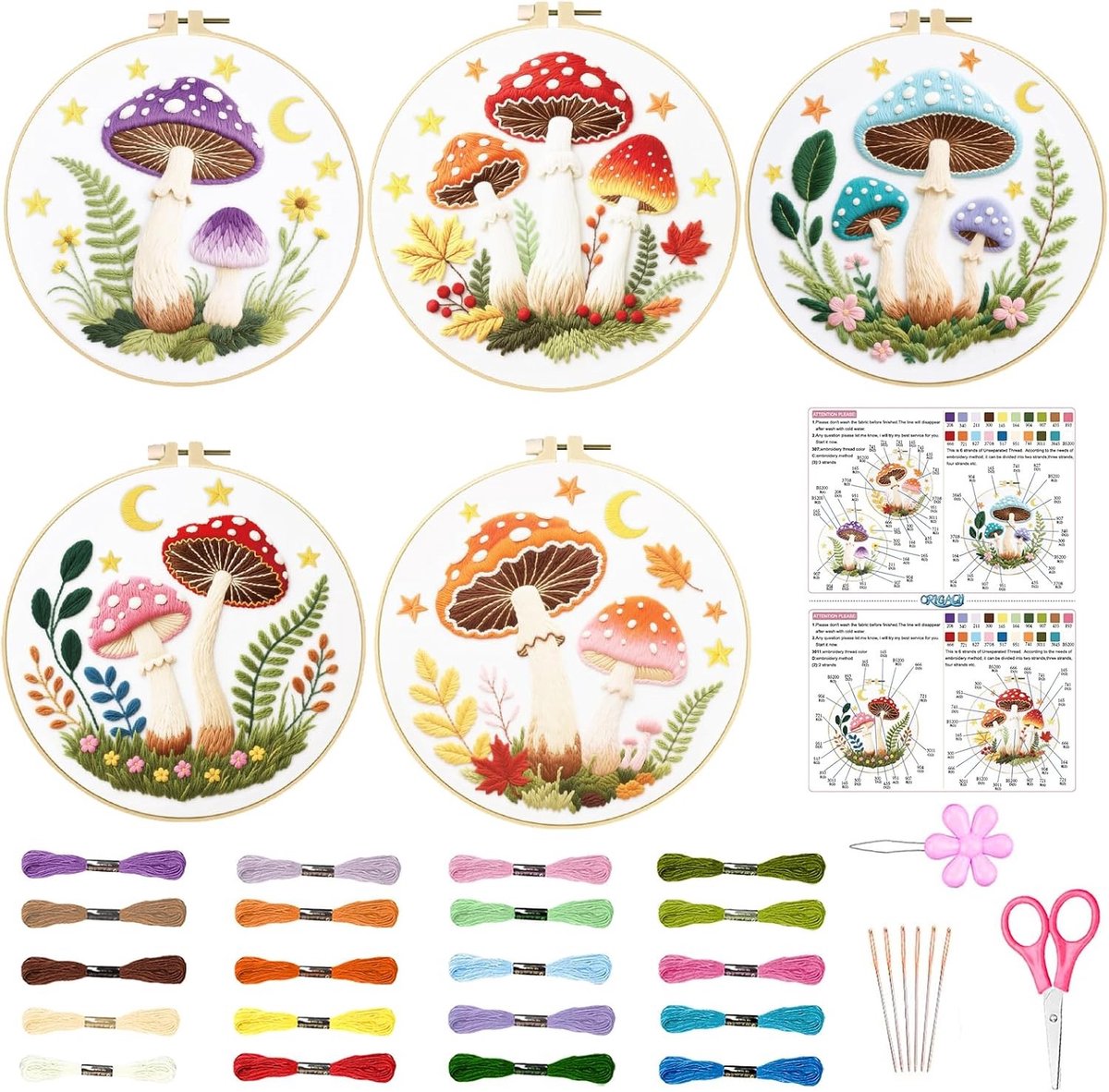 5 Pack Borduurpakketten met Paddenstoelen en Planten voor Beginners - DIY Handborduurset met Bloemen- en Plantenpatronen en Instructies voor Volwassenen en Vrouwen