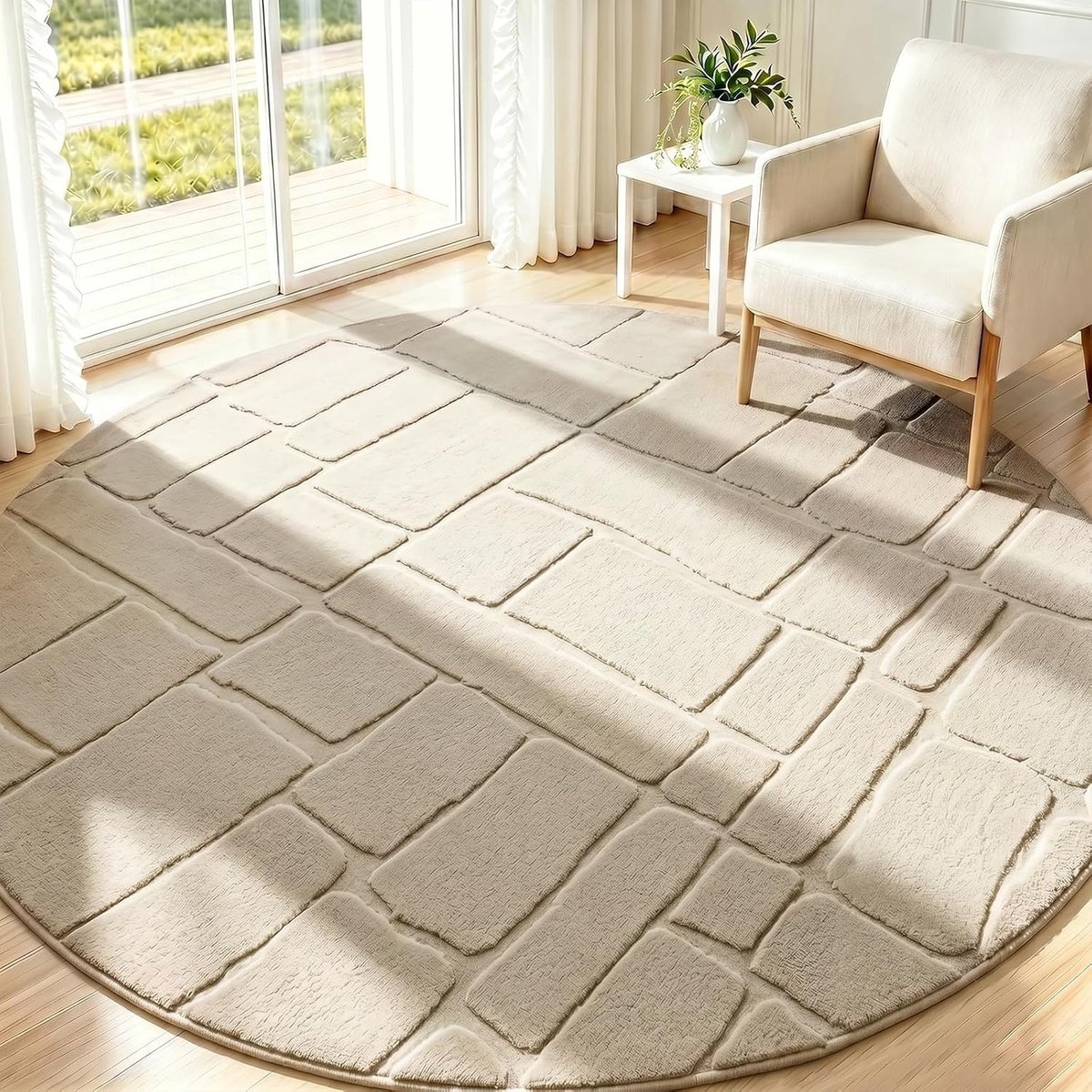 Vloerkleed - Diameter 160 cm - Rond - Wol - Laagpolig - Antislip - Beige