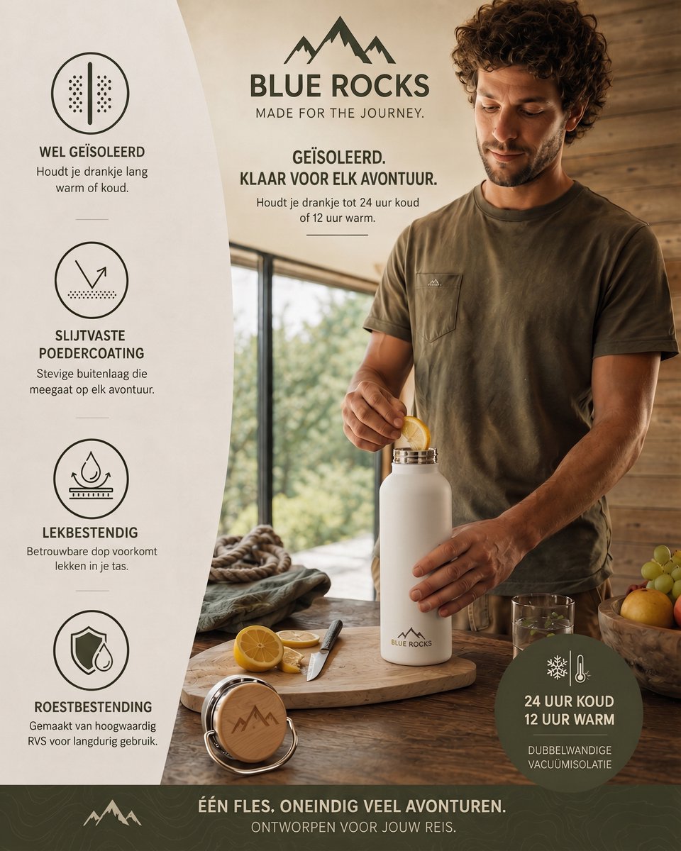 Blue Rocks® - Summit White - Thermosfles 750ml - Waterfles - Dubbelwandige drinkfles - Plasticvrij - Loodvrij - Geisoleerde fles - Warme en Koude dranken - Perfect voor Reizen, Wandelen, Werk, Sport, Yoga - Dagelijks gebruik - RVS - Wit - White thumbnail 5
