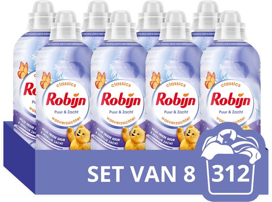 Set van 8 flessen Robijn Puur & Zacht wasverzachter in paarse verpakking met vlinders en teddyberen.