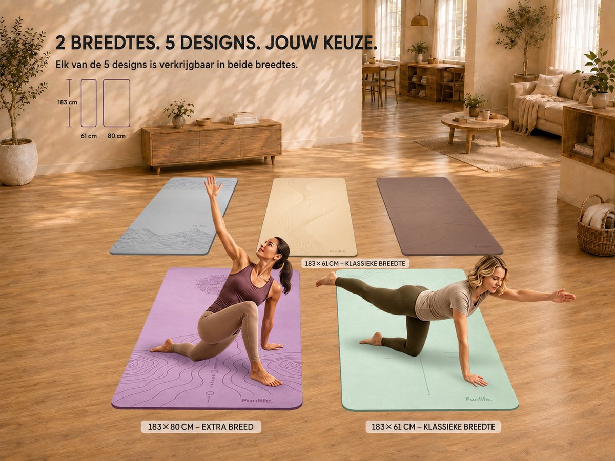 FunLife Yogamat Extra Breed 183 x 80 cm - 8 mm TPE Fitnessmat Antislip met Draagriem - Pilates en Trainingsmat - Beige Lijndesign thumbnail 4