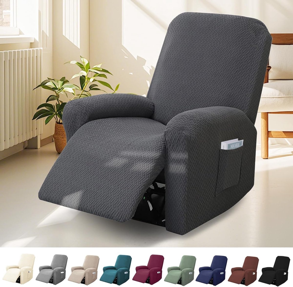 Fauteuilhoes - Donkergrijs - 4-delige set voor 1-zits relaxstoel - Stretchstof met zijzakken - Bescherming en gemak