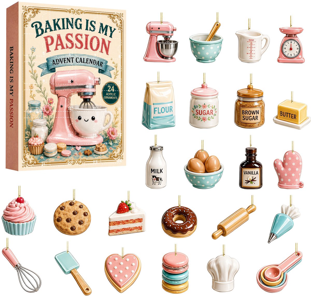 Bakkerij‑thema adventskalender 2026- 24 stuks retro 2D acryl hangornamenten met bakgereedschap en gebakmotieven- 24‑daagse aftelkalender voor kerst‑ en interieurdecoratie en origineel cadeau voor bakliefhebbers