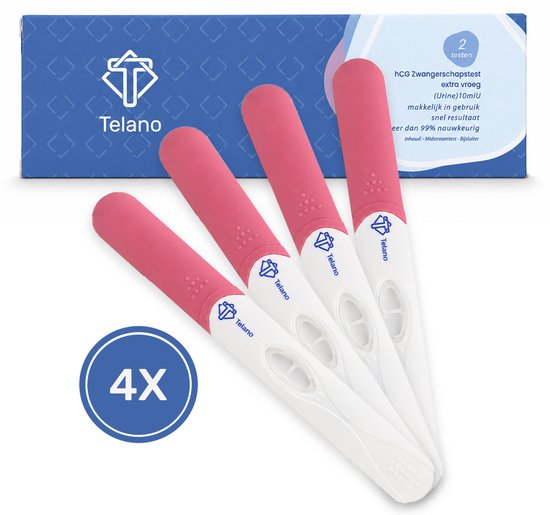 Vier Telano zwangerschapstests met roze handvatten en een verpakking met "4X" erop.