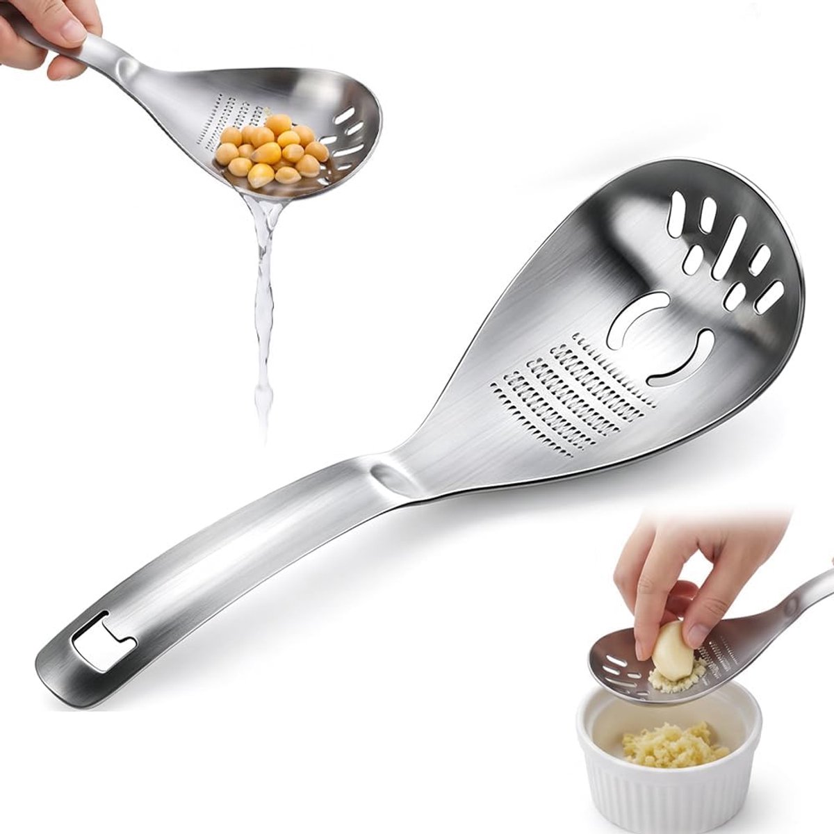Multifunctionele Lepel - 5-in-1 - Roestvrijstalen lepel - Malen, Zeven & Flessenopener - Eiwitscheider - Aardappelstamper - Kooklepel - Afgietlepel - Flesopener - Lekkende lepel - Afgieten - Voor Keuken & Kamperen - Kitchen Cooking Tools - TENGYIF®