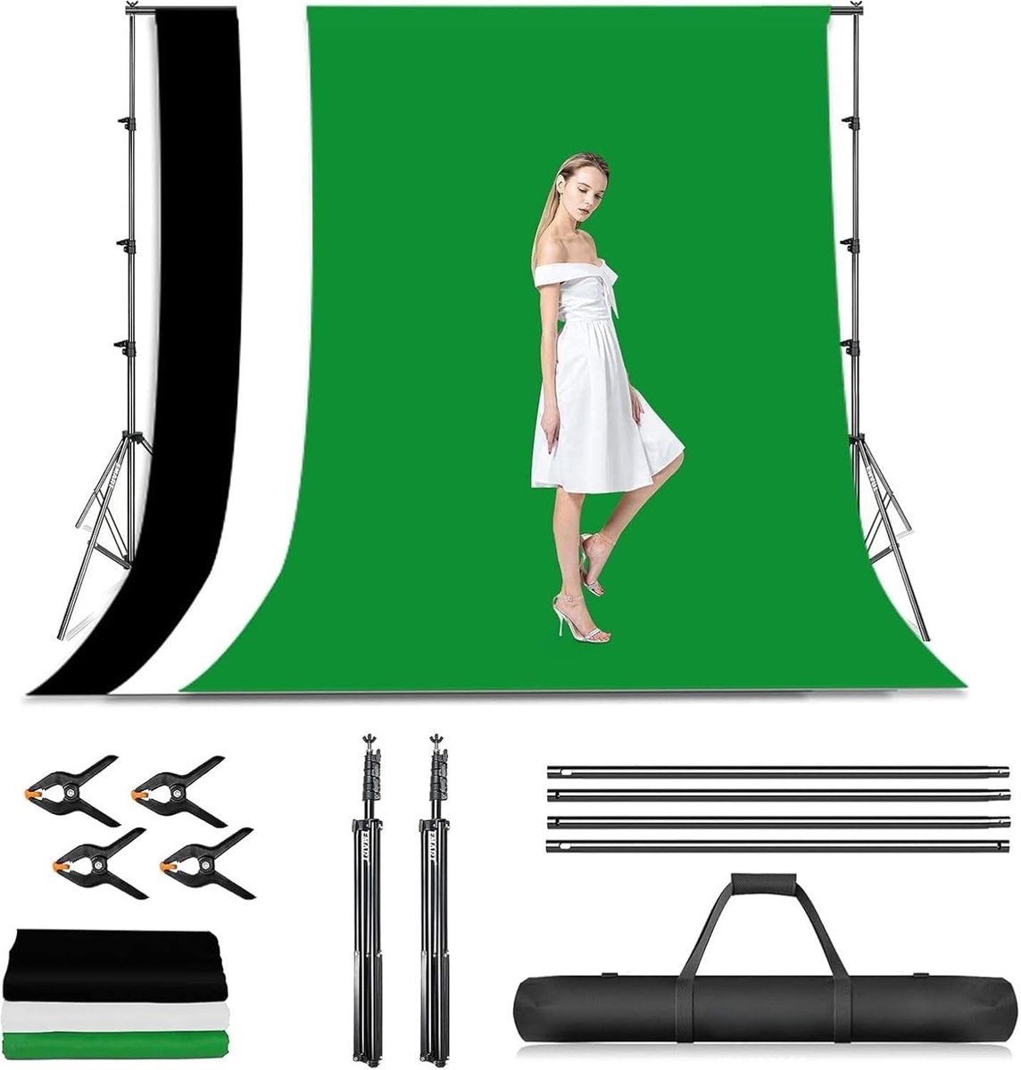 Fotostudio Achtergrondsysteem met Mousseline Doeken, 2,6 x 3 m, Inclusief Statieven en Klemmen