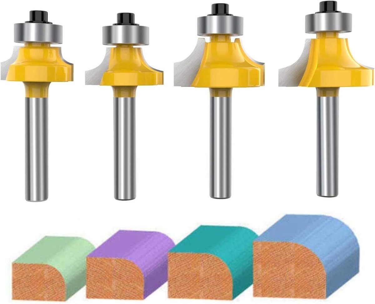 4 Stuks 6.35mm Freesbit voor Houtbewerking met Ronde Radius van 7.2mm, 6.35mm, 4.75mm en 3.17mm - Precisie Gereedschap voor Houtbewerking en Meubelmakerij