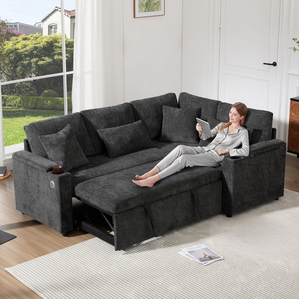 Woonkamer Hoekbank, L-Bank, 3-Zits Bank, L-Vormige, Uitschuifbare Hoekbank, Canapé Convertible Met Opbergruimte, Bekerhouder, USB-Oplaadpoort, Armleuninglegplank En Vier Kussens. Geschikt Voor Woonkamer, Grijs
