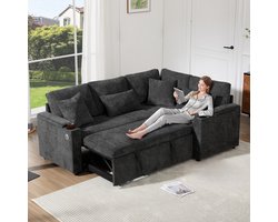 Woonkamer Hoekbank, L-Bank, 3-Zits Bank, L-Vormige, Uitschuifbare Hoekbank, Canapé Convertible Met Opbergruimte, Bekerhouder, USB-Oplaadpoort, Armleuninglegplank En Vier Kussens. Geschikt Voor Woonkamer, Grijs