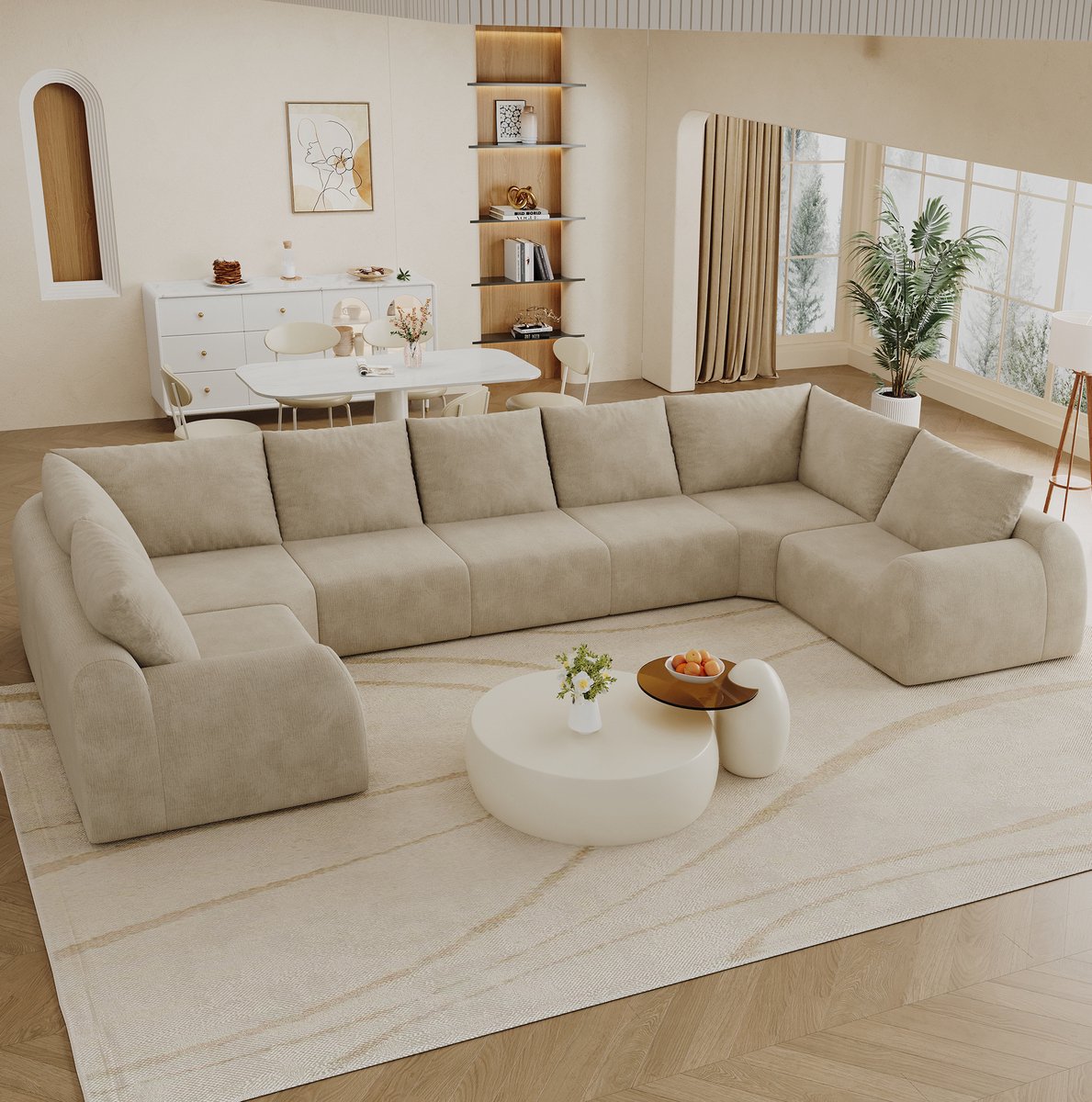 Wishdor U-bank - 7-zits boneless compressie sofa - Chenille stof - Khaki - Voor woonkamer appartement gezin - Zachte zit - Stof - 411 x 200 x 85 cm