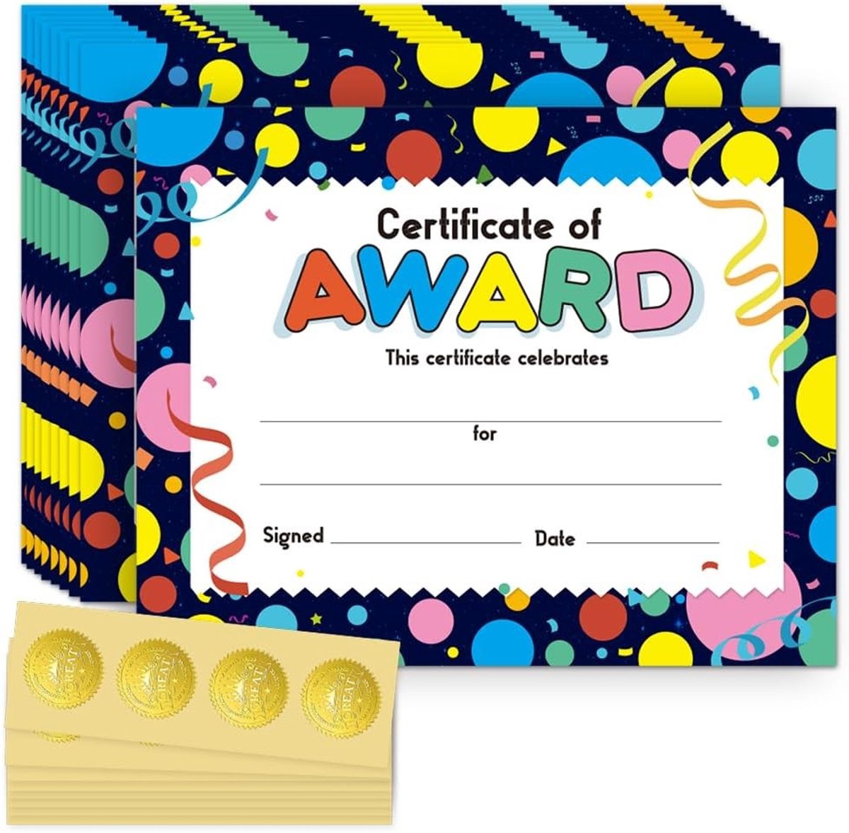 Kleurige Certificaatpapier met Dots Rand voor Prestaties, Inclusief Gouden Stickers, 30 Stuks, 20 x 25 cm, Ideaal voor Kleuterschool en Onderwijs
