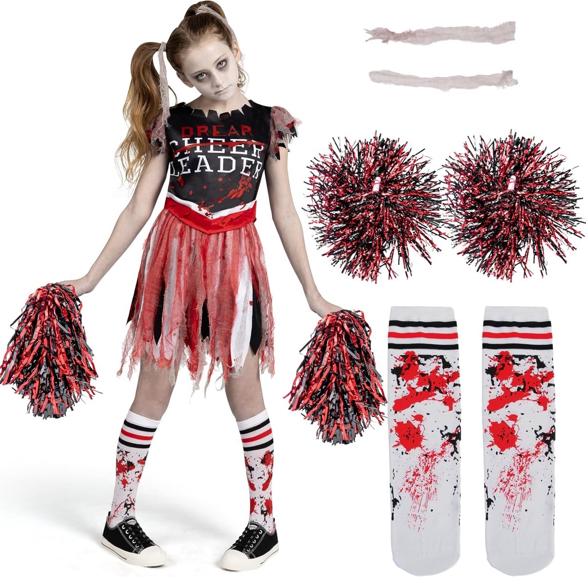 Zombie Cheerleader Kostuum voor Meisjes - Bloedige Halloween Outfit met Accessoires voor Feestjes en Verkleden