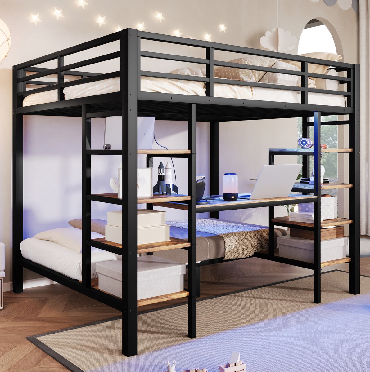 MIVRAY Stapelbed 90x200 en 140x200 cm - Met Bureau en Opbergrekken - Met LED Verlichting en Oplaadpunten - Metaal en MDF - Zwart Zonder Matras
