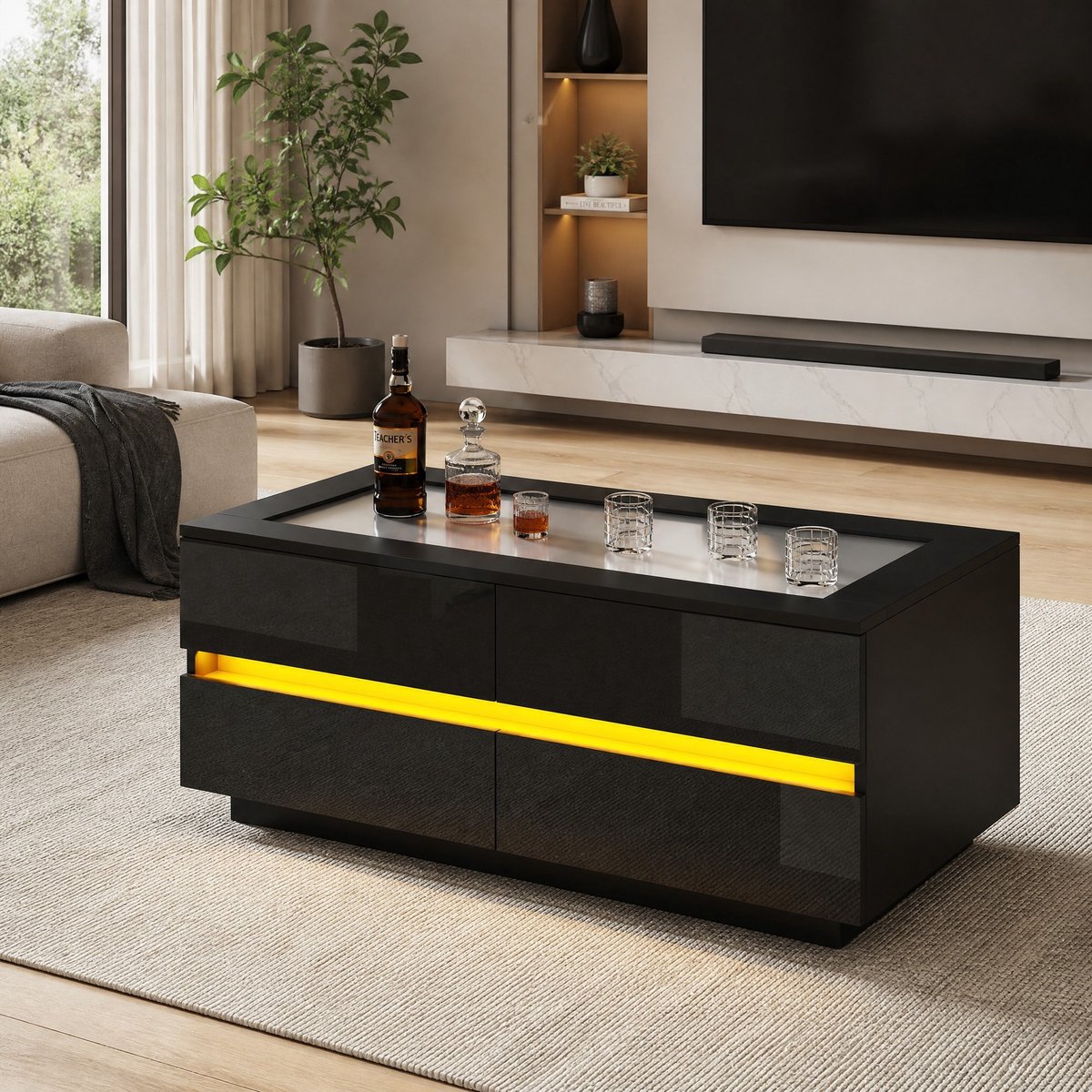 Wishdor Salontafel - 4 lades en LED - Gehard glas en hoogglans - Modern - Woonkamer zithoek - Spaanplaat en glas - Zwart - 100 x 50 x 40 cm