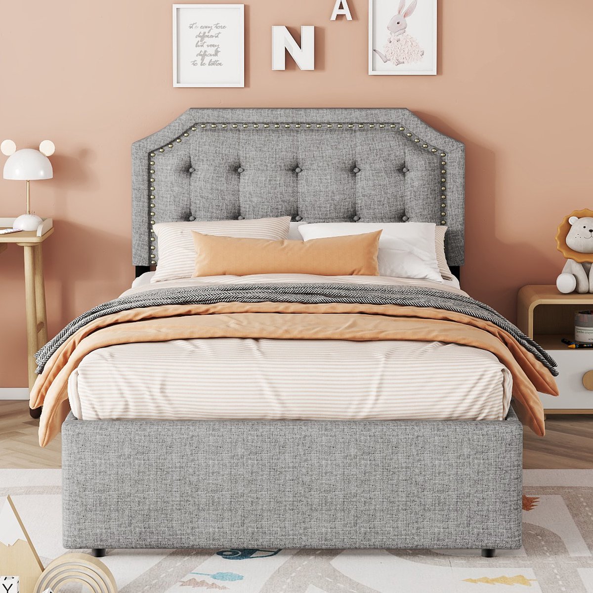WUVRIE Gestoffeerd bed 90x200 cm met verstelbaar hoofdeinde, dubbele lades en lattenbodem, grijs
