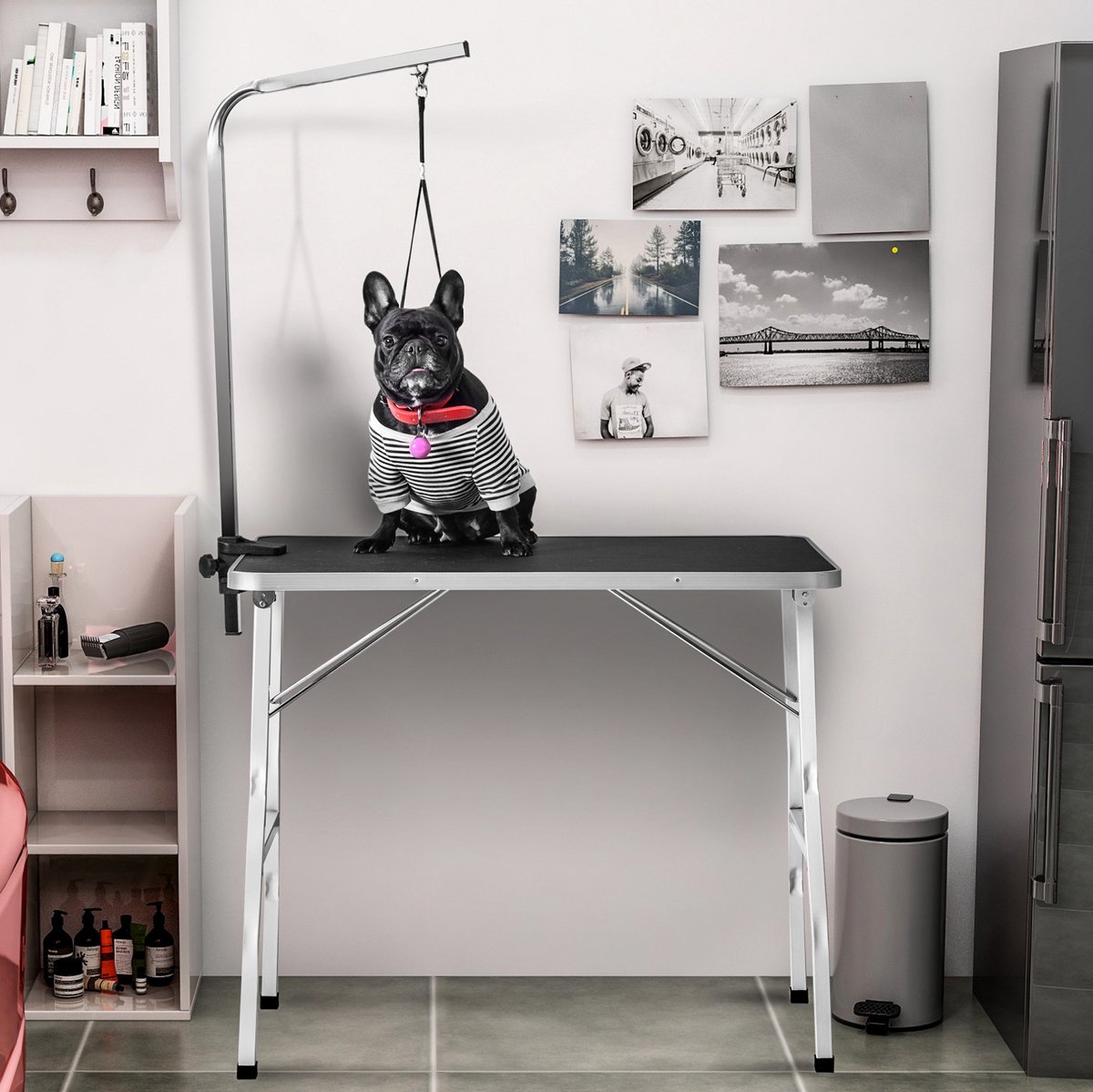 MODFU-Trimtafel-Verstelbaar-Opvouwbaar-Hond-Aluminium-Zwart-Wit-90 X 60 X 76 Cm